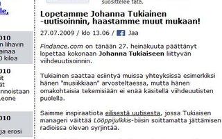 Findance.com lopettaa uutisoinnit Johanna Tukiaisesta | Haastaa muut mediat mukaan.