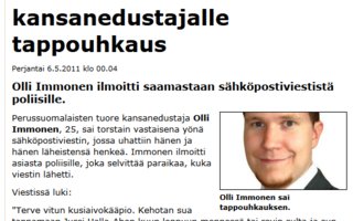 kusiaivokääpiö | PS:n kansanedustaja Olli Immoselle tappouhkaus.