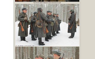 Venäläisten rekonstruktio taistelusta talvisodan loppumisen kunniaksi. | Venäläisten näkemys jonkin taistelun kulusta talvisodassa.