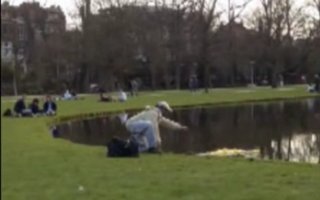 Slut pushes old man into the pond