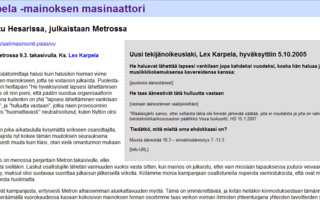 Lex Karpela -mainoksen masinaattori | Siis mitä tehdään?
Ostetaan kimpassa Helsingin Sanomien pe 9.3. Nyt-liitteeseen koko sivun mainos.